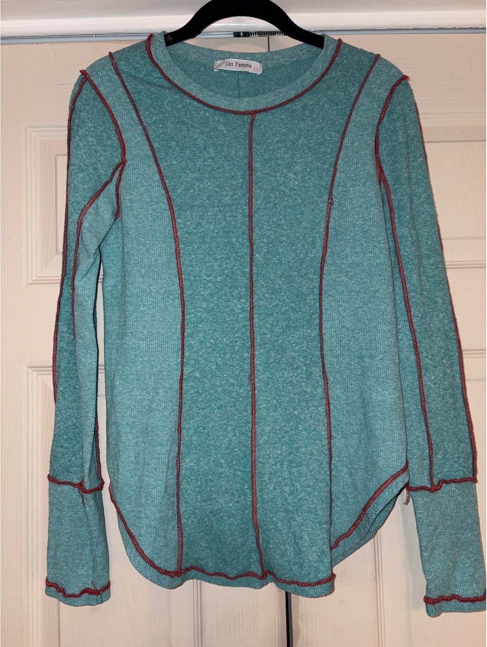 Ces Femme Teal Contrast Stitch Top Exposed Seam Ribbed Y2K Deconstructed LS